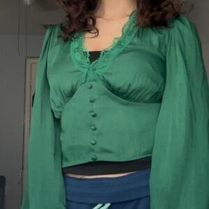 Stradivarius Green Lace Trim Blouse